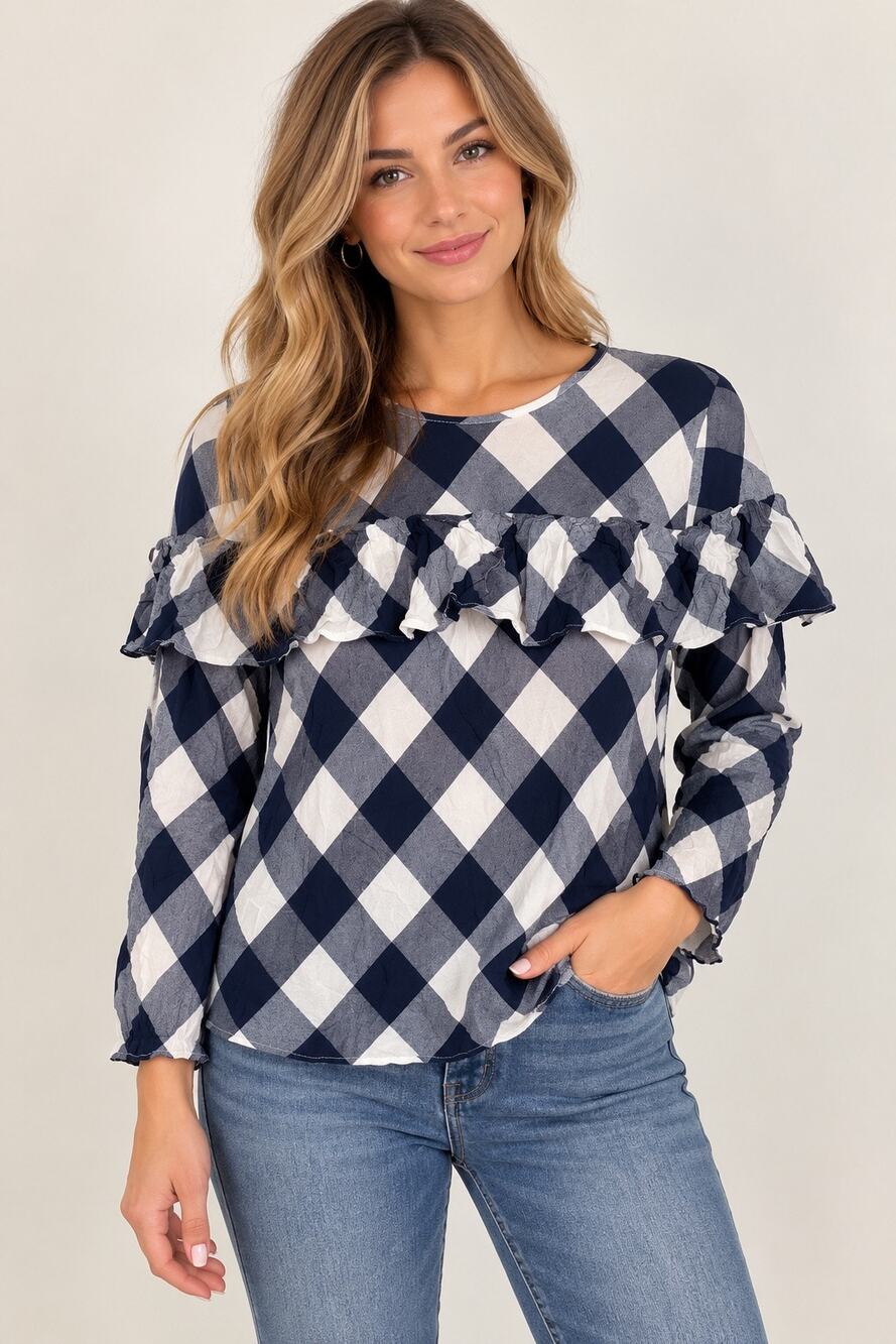Crown & Ivy Buffalo Plaid Ruffle Top Size Large Navy White Gray Blouse
